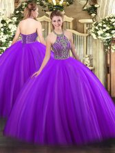 Elegant Purple Ball Gowns Tulle Halter Top Sleeveless Beading Floor Length Lace Up Sweet 16 Dresses