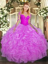New Style Scoop Long Sleeves Organza Quinceanera Dresses Lace and Ruffles Lace Up