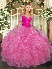 Excellent Rose Pink Scoop Neckline Lace and Ruffles Quince Ball Gowns Long Sleeves Lace Up