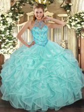 New Arrival Apple Green Lace Up Quinceanera Dress Beading and Ruffles Sleeveless Floor Length