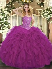  Fuchsia Tulle Lace Up Sweetheart Sleeveless Floor Length Sweet 16 Dress Beading and Ruffles