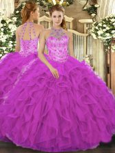 Sumptuous Organza Halter Top Sleeveless Lace Up Beading and Embroidery and Ruffles Sweet 16 Quinceanera Dress in Fuchsia
