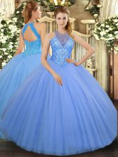 Decent High-neck Sleeveless Tulle Quinceanera Dress Beading Lace Up
