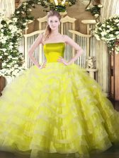 Pretty Yellow Ball Gowns Ruffled Layers 15 Quinceanera Dress Zipper Tulle Sleeveless Floor Length