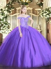  Lavender Ball Gowns Tulle Off The Shoulder Sleeveless Beading Floor Length Lace Up 15th Birthday Dress
