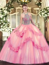  Baby Pink Lace Up Halter Top Beading and Appliques 15 Quinceanera Dress Tulle Sleeveless