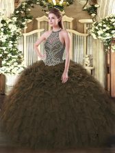 Dazzling Olive Green Lace Up 15 Quinceanera Dress Beading and Ruffles Sleeveless Floor Length