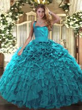  Ball Gowns Ball Gown Prom Dress Teal Halter Top Organza Sleeveless Floor Length Lace Up