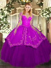 Ideal Purple Lace Up Scoop Lace and Embroidery 15th Birthday Dress Organza and Taffeta Long Sleeves