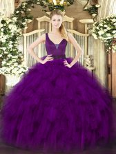 Delicate Purple Organza Zipper Straps Sleeveless Floor Length 15 Quinceanera Dress Beading and Ruffles