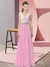  Sleeveless Chiffon and Lace Floor Length Backless Prom Evening Gown in Rose Pink with Beading