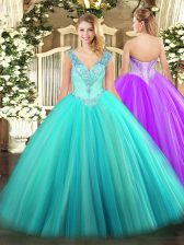 Super Floor Length Lace Up 15 Quinceanera Dress Aqua Blue for Military Ball and Sweet 16 and Quinceanera with Beading