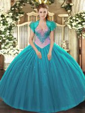 Edgy Floor Length Aqua Blue Vestidos de Quinceanera Tulle Sleeveless Beading