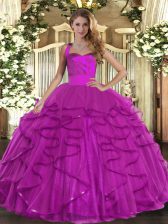 Sweet Fuchsia Lace Up Halter Top Ruffles Sweet 16 Dresses Tulle Sleeveless