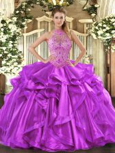 Luxury Purple Sleeveless Floor Length Beading and Embroidery and Ruffles Lace Up Quinceanera Dresses