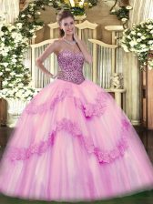  Floor Length Pink Quince Ball Gowns Sweetheart Sleeveless Lace Up