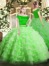  Short Sleeves Tulle Floor Length Zipper Quinceanera Dress in with Appliques and Ruffled Layers