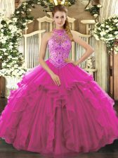 Sexy Floor Length Fuchsia Quinceanera Dress Organza Sleeveless Beading and Ruffles