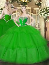  Floor Length Lace Up Ball Gown Prom Dress Green for Military Ball and Sweet 16 and Quinceanera with Beading and Ruffled Layers