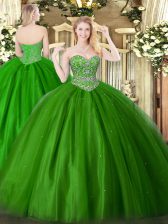 Exquisite Green Ball Gowns Sweetheart Sleeveless Tulle Floor Length Lace Up Beading Quinceanera Dresses
