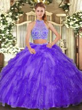 Super Purple Two Pieces Tulle Halter Top Sleeveless Beading and Ruffles Floor Length Criss Cross Quince Ball Gowns