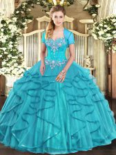 Sweet Tulle Sweetheart Sleeveless Lace Up Beading and Ruffles Quinceanera Gown in Aqua Blue