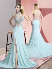 Dazzling Aqua Blue Prom Gown High-neck Sleeveless Sweep Train Zipper
