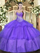 Extravagant Lavender Ball Gowns Tulle Sweetheart Sleeveless Beading and Ruffled Layers Floor Length Lace Up Vestidos de Quinceanera