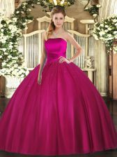  Tulle Strapless Sleeveless Lace Up Ruching Vestidos de Quinceanera in Fuchsia