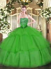  Green Ball Gowns Beading and Ruffled Layers Sweet 16 Dress Lace Up Tulle Sleeveless Floor Length