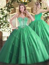  Turquoise Ball Gowns Beading and Appliques Sweet 16 Dresses Lace Up Tulle Sleeveless Floor Length