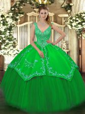  Green Taffeta and Tulle Zipper Quince Ball Gowns Sleeveless Floor Length Beading and Embroidery