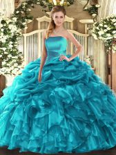 Customized Teal Sleeveless Organza Lace Up Quinceanera Gowns for Military Ball and Sweet 16 and Quinceanera
