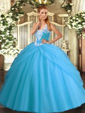 Affordable Aqua Blue Sleeveless Floor Length Beading and Pick Ups Lace Up Quinceanera Gowns