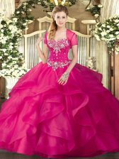 Custom Made Hot Pink Ball Gowns Beading and Ruffles Quinceanera Dress Lace Up Tulle Sleeveless Floor Length