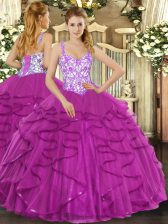Modern Tulle Straps Sleeveless Lace Up Beading and Appliques and Ruffles Ball Gown Prom Dress in Fuchsia