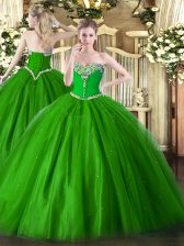 Green Ball Gowns Sweetheart Sleeveless Tulle Floor Length Lace Up Beading 15 Quinceanera Dress