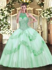 Superior Floor Length Apple Green Sweet 16 Quinceanera Dress Tulle Sleeveless Beading and Appliques