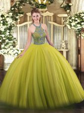 Dazzling Olive Green Halter Top Lace Up Beading Quince Ball Gowns Sleeveless
