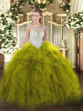 Ideal Tulle Scoop Sleeveless Zipper Beading and Ruffles Quinceanera Dresses in Olive Green