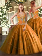  Sleeveless Floor Length Beading Lace Up Sweet 16 Dress with Orange