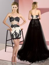  White And Black Lace Up Evening Dress Embroidery Sleeveless High Low Sweep Train