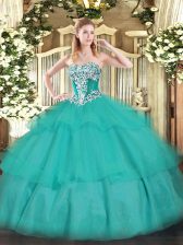  Tulle Strapless Sleeveless Lace Up Beading and Ruffled Layers 15th Birthday Dress in Turquoise