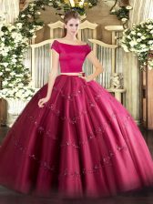 Dynamic Hot Pink Short Sleeves Appliques Floor Length Sweet 16 Quinceanera Dress