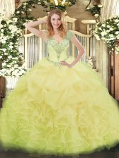 Delicate Floor Length Yellow Quinceanera Gown V-neck Sleeveless Lace Up