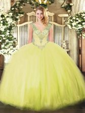 Perfect Yellow Green Ball Gowns Tulle V-neck Sleeveless Beading Floor Length Lace Up Quinceanera Dress