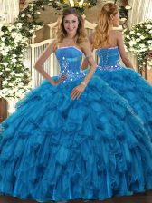 Fabulous Baby Blue Organza Lace Up Strapless Sleeveless Floor Length Quinceanera Dress Beading and Ruffles