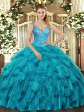 New Style Teal V-neck Lace Up Beading and Ruffles Sweet 16 Dresses Sleeveless