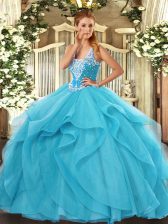 Noble Floor Length Aqua Blue 15th Birthday Dress Straps Sleeveless Lace Up