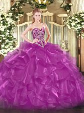  Floor Length Lace Up 15th Birthday Dress Fuchsia for Military Ball and Sweet 16 and Quinceanera with Beading and Ruffles